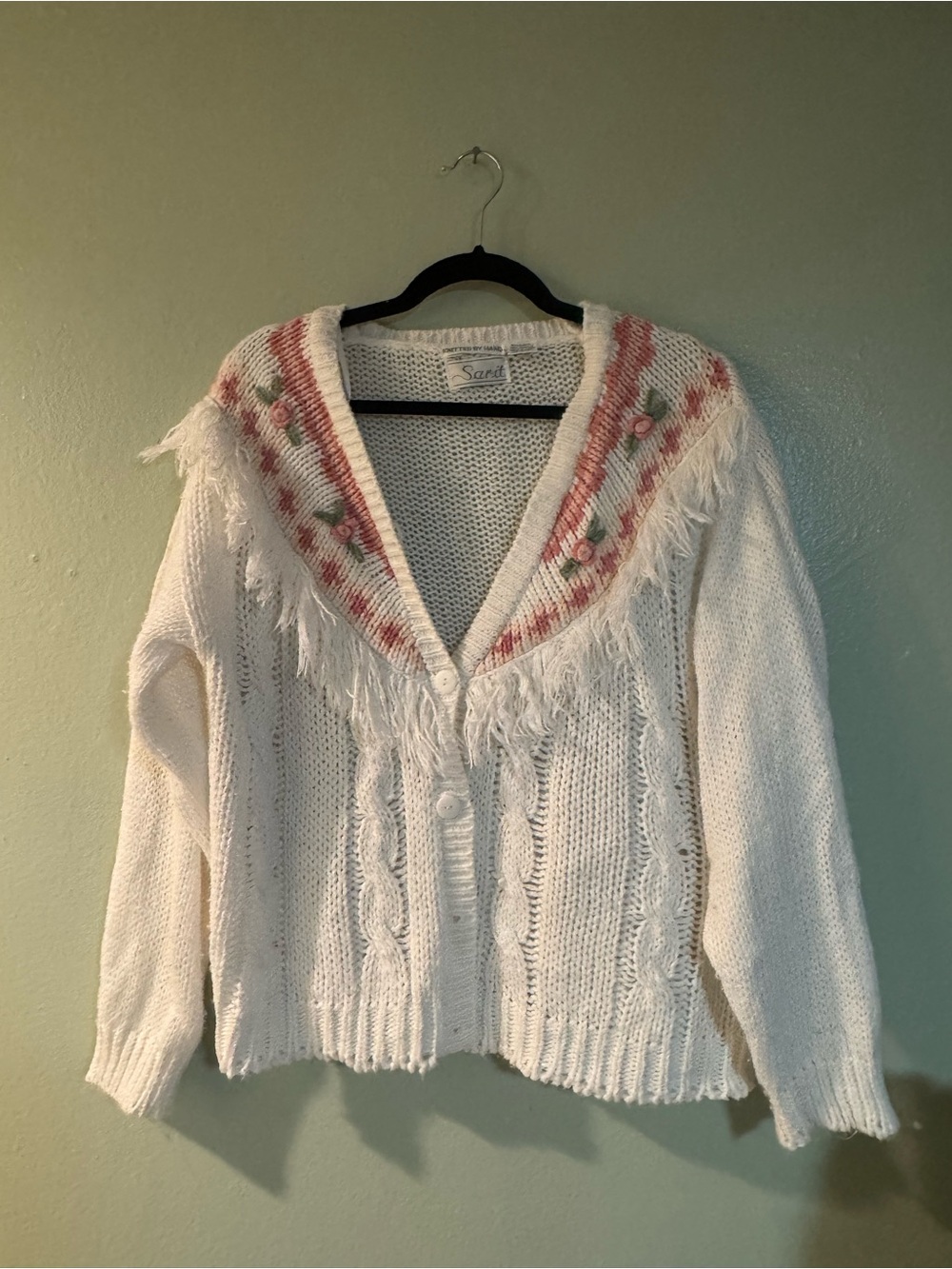 Vintage 80s-90s Sarit Hand-knitted cable knit sweater with embroidery and fringe